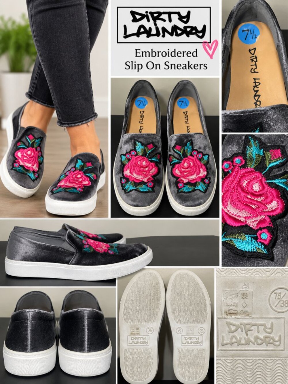 Dirty Laundry Black Crushed Velvet Floral Embroidered Slip On Sneakers 7.5
